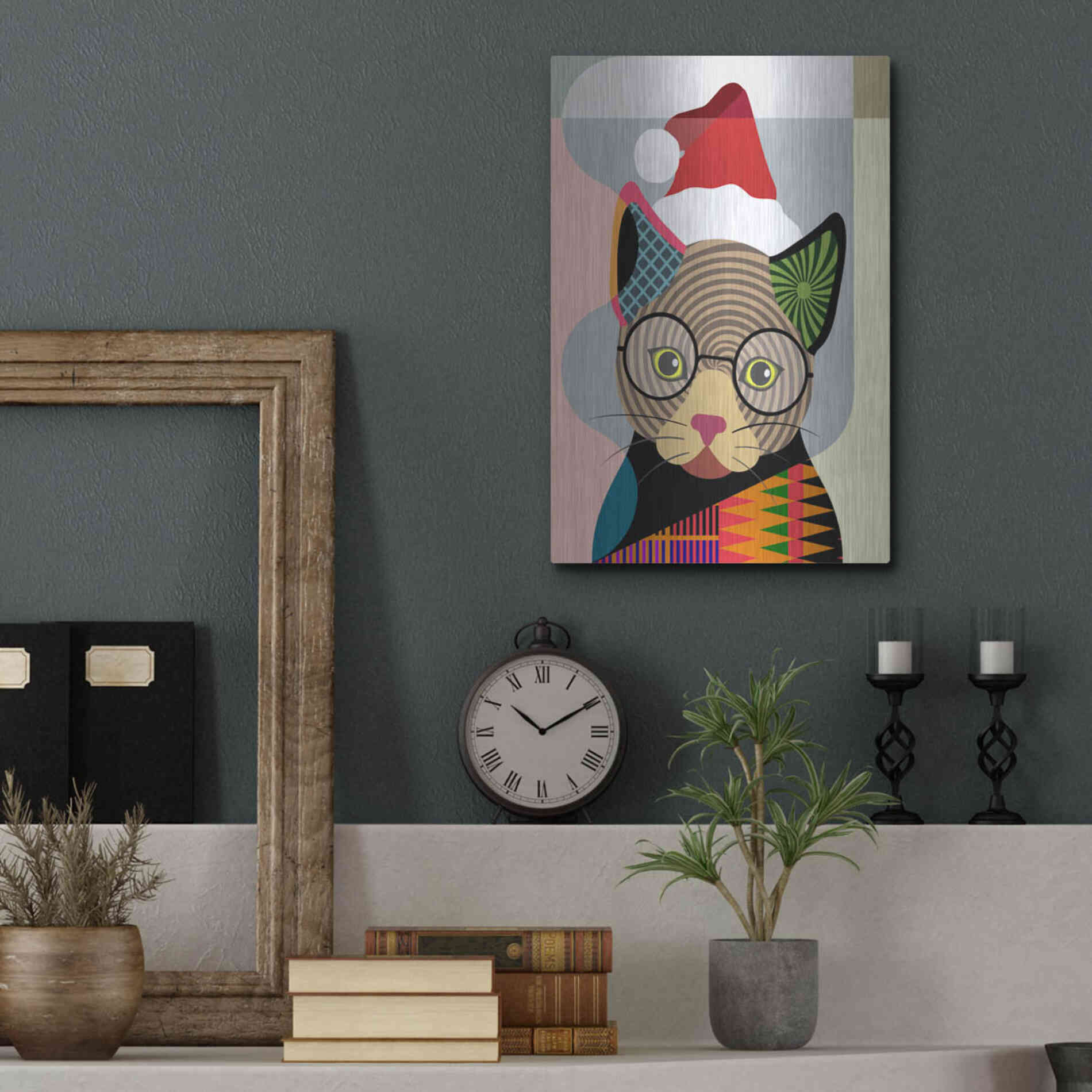 Luxe Metal Art 'Santa Kitty' by Lanre Adefioyue, Metal Wall Art,12x16