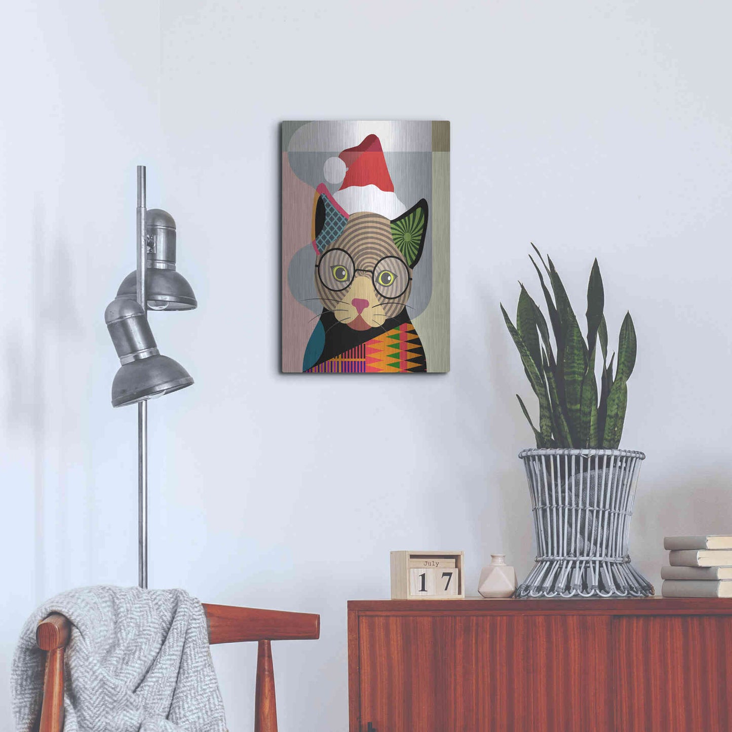 Luxe Metal Art 'Santa Kitty' by Lanre Adefioyue, Metal Wall Art,16x24