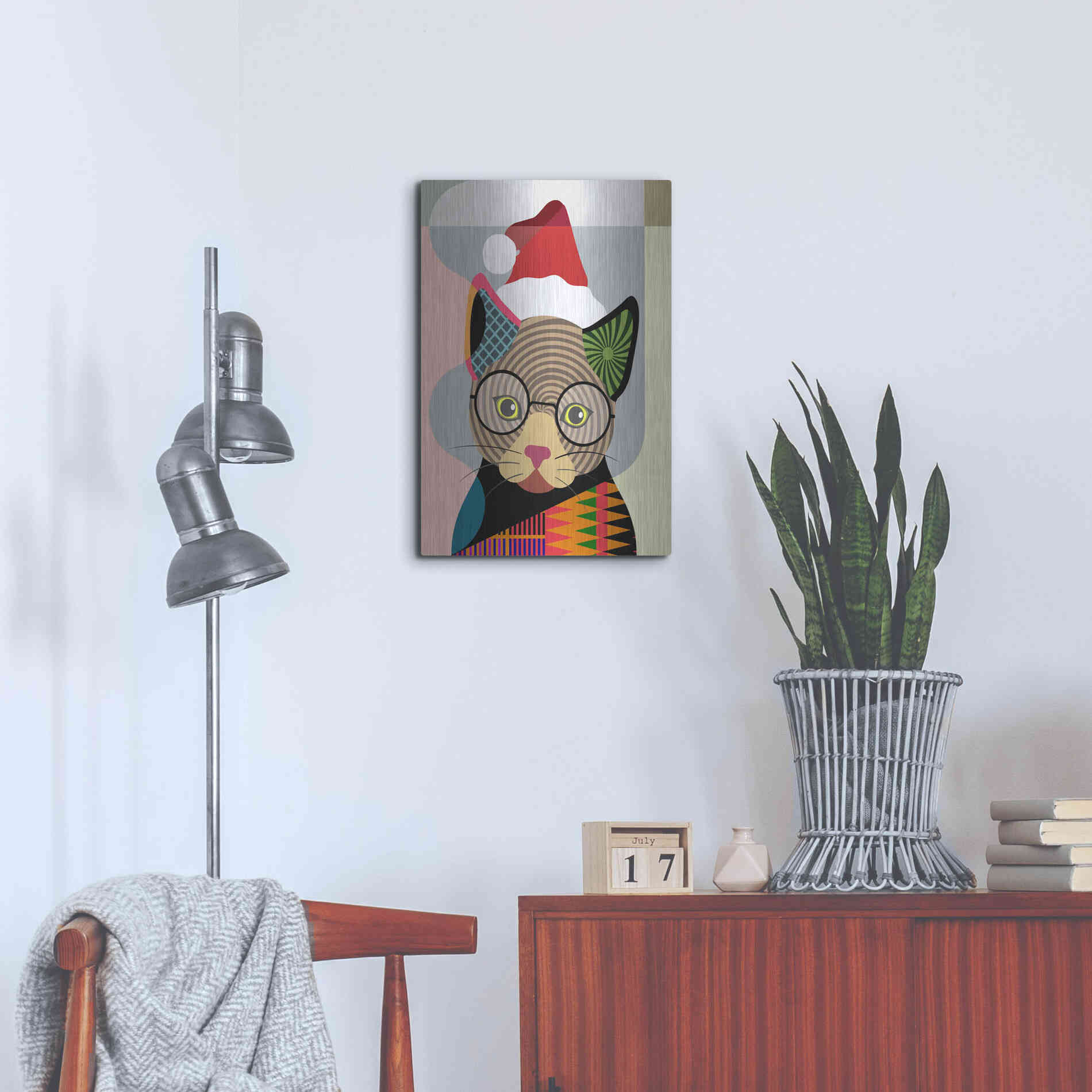 Luxe Metal Art 'Santa Kitty' by Lanre Adefioyue, Metal Wall Art,16x24