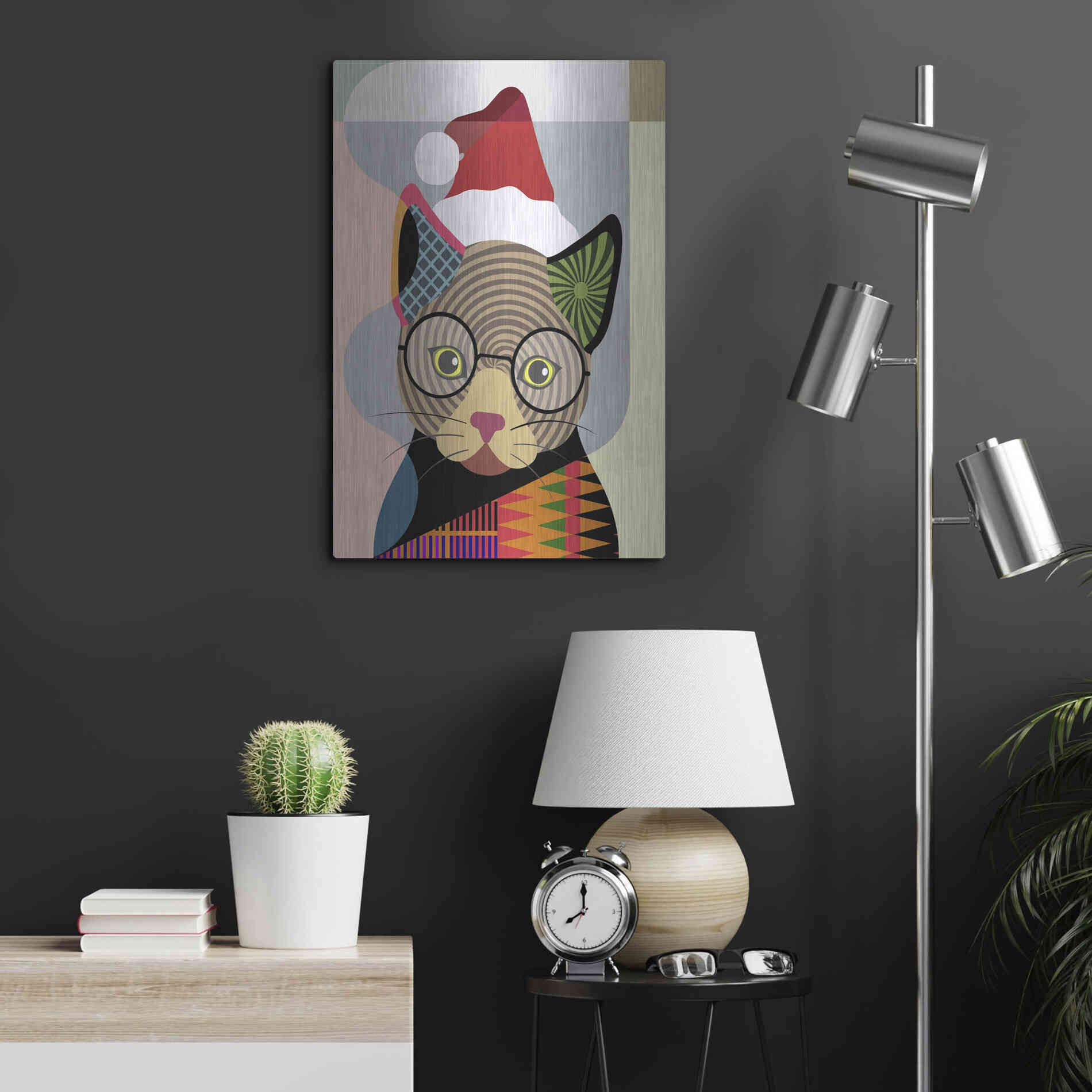 Luxe Metal Art 'Santa Kitty' by Lanre Adefioyue, Metal Wall Art,16x24