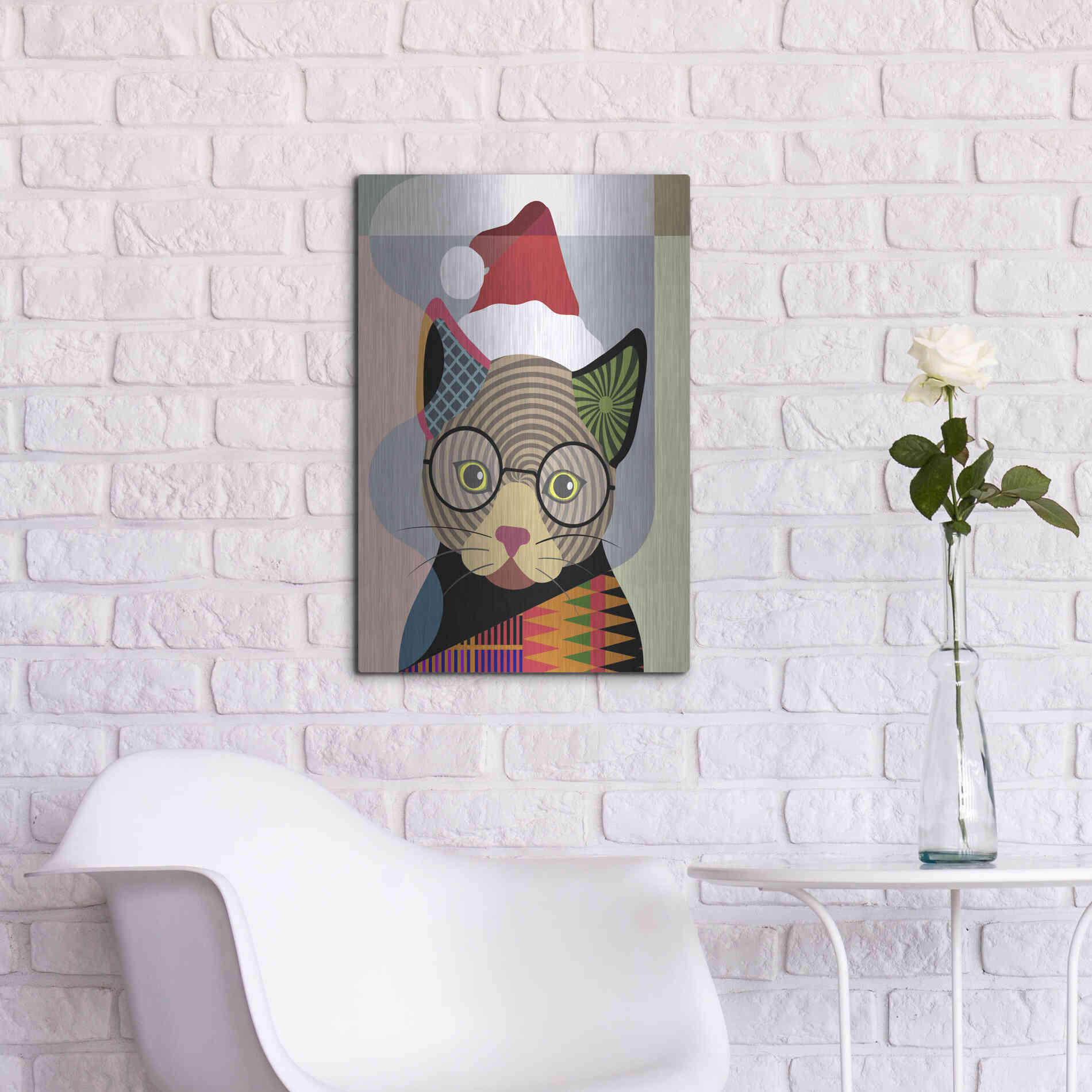 Luxe Metal Art 'Santa Kitty' by Lanre Adefioyue, Metal Wall Art,16x24