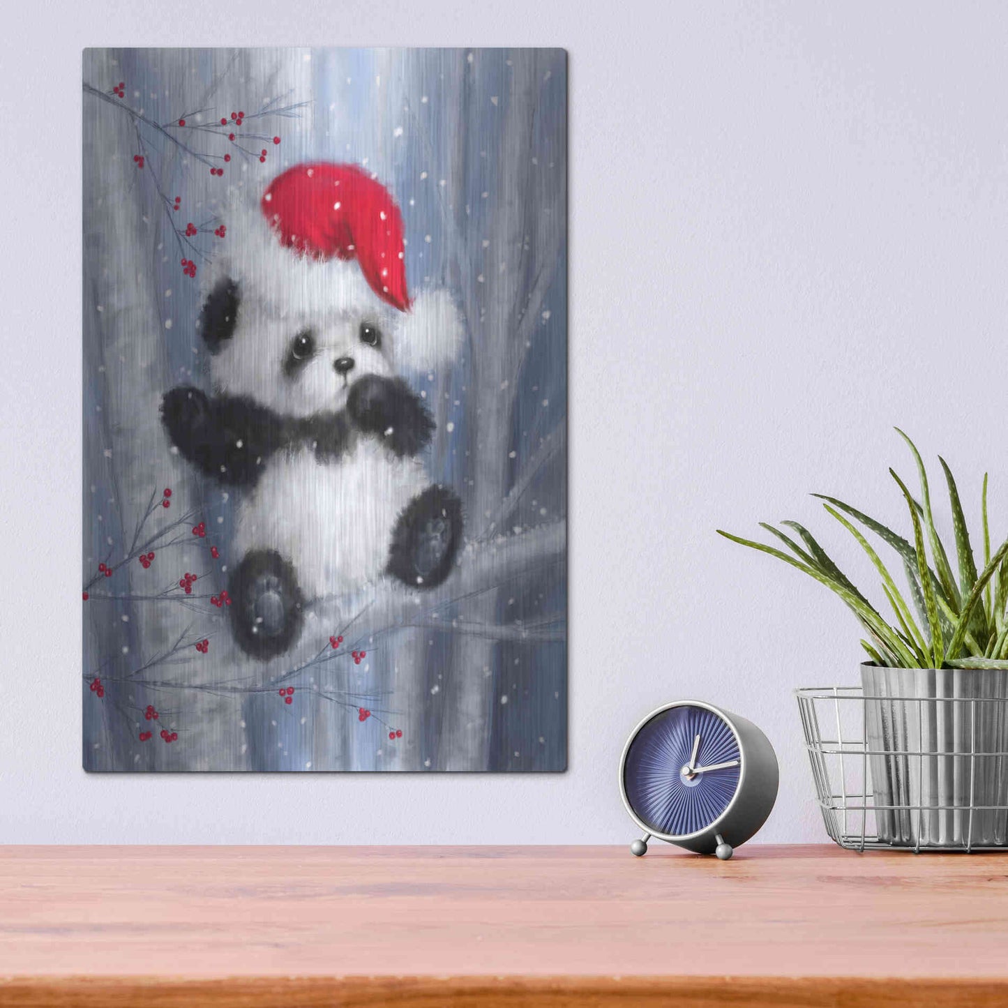 Luxe Metal Art 'Christmas Panda' by Makiko, Metal Wall Art,12x16