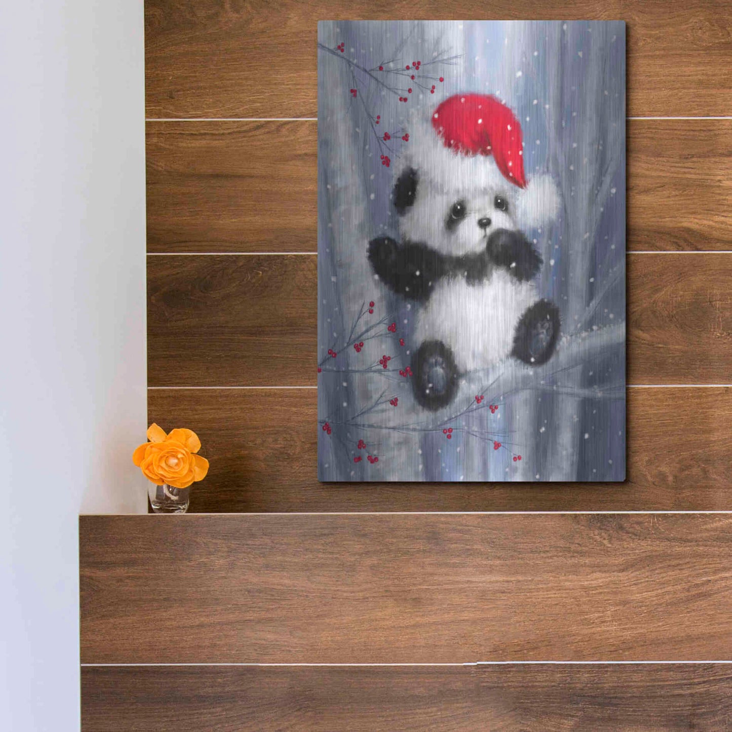 Luxe Metal Art 'Christmas Panda' by Makiko, Metal Wall Art,12x16