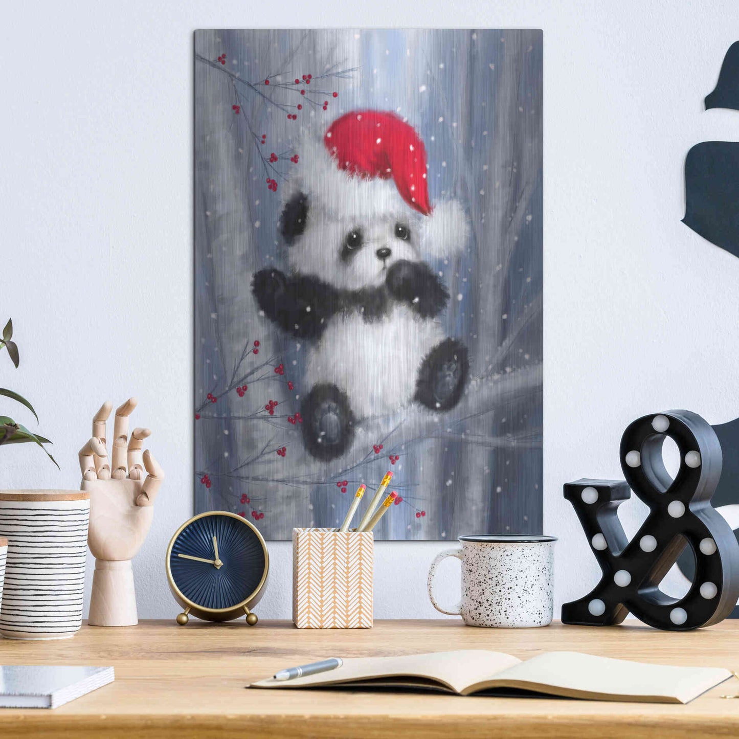 Luxe Metal Art 'Christmas Panda' by Makiko, Metal Wall Art,12x16
