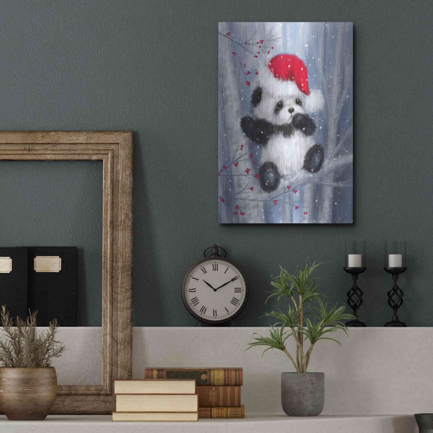 Luxe Metal Art 'Christmas Panda' by Makiko, Metal Wall Art,12x16