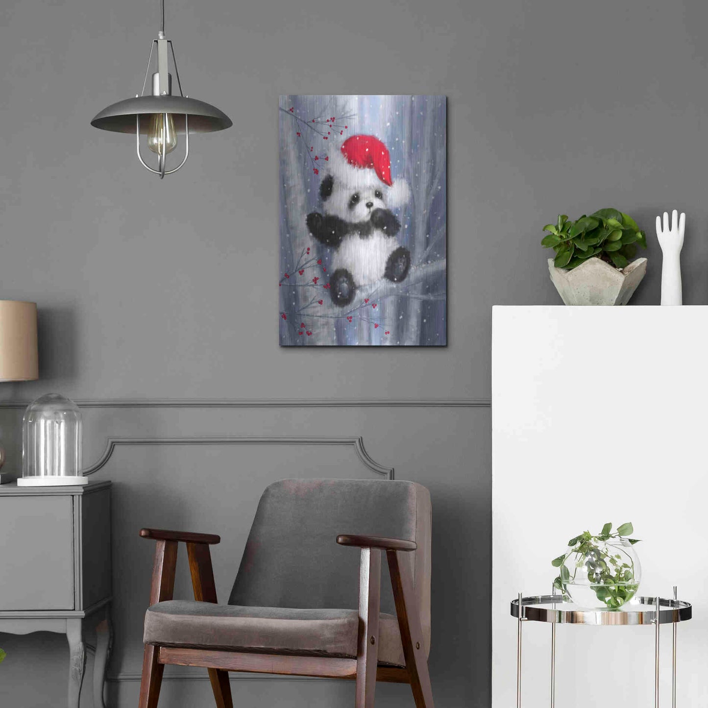 Luxe Metal Art 'Christmas Panda' by Makiko, Metal Wall Art,16x24