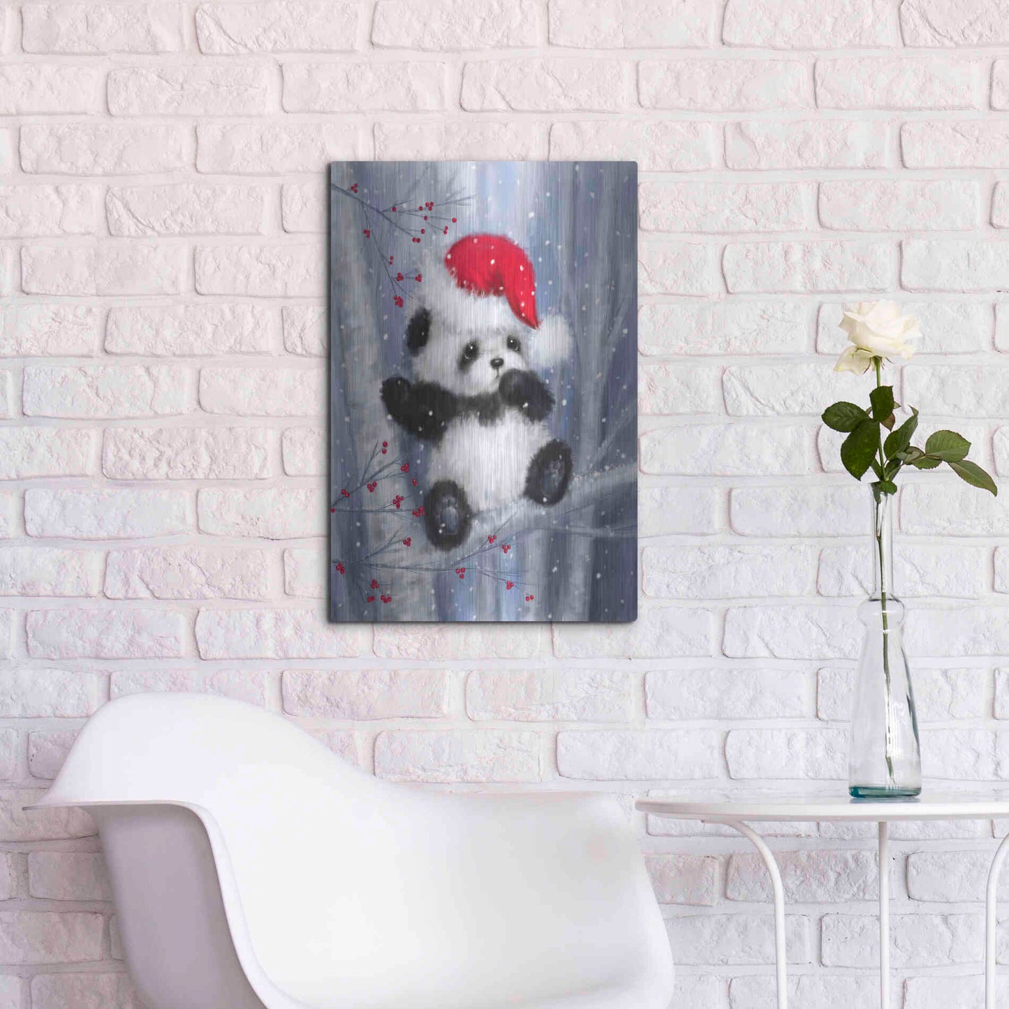 Luxe Metal Art 'Christmas Panda' by Makiko, Metal Wall Art,16x24