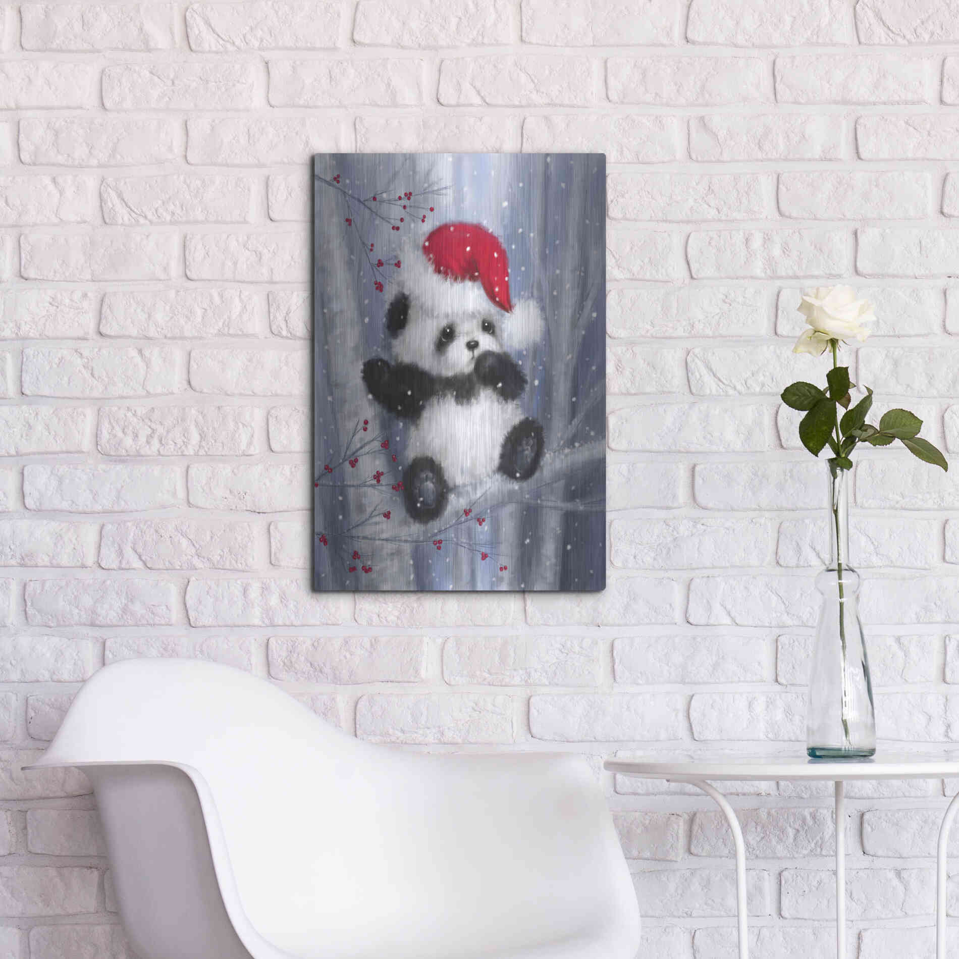 Luxe Metal Art 'Christmas Panda' by Makiko, Metal Wall Art,16x24