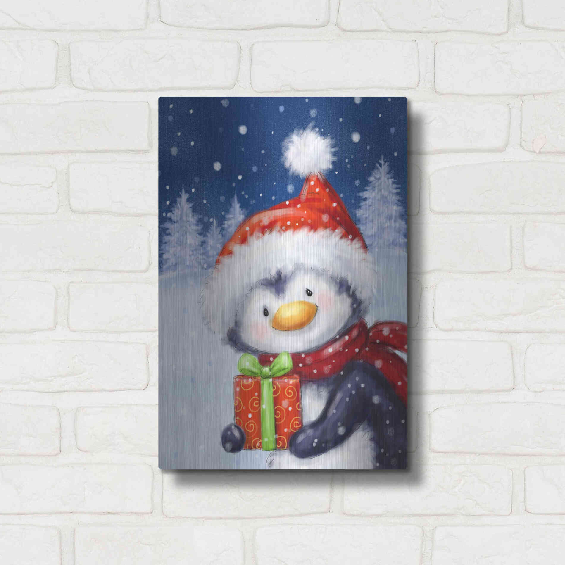 Luxe Metal Art 'Penguin With Present' by Makiko, Metal Wall Art,12x16