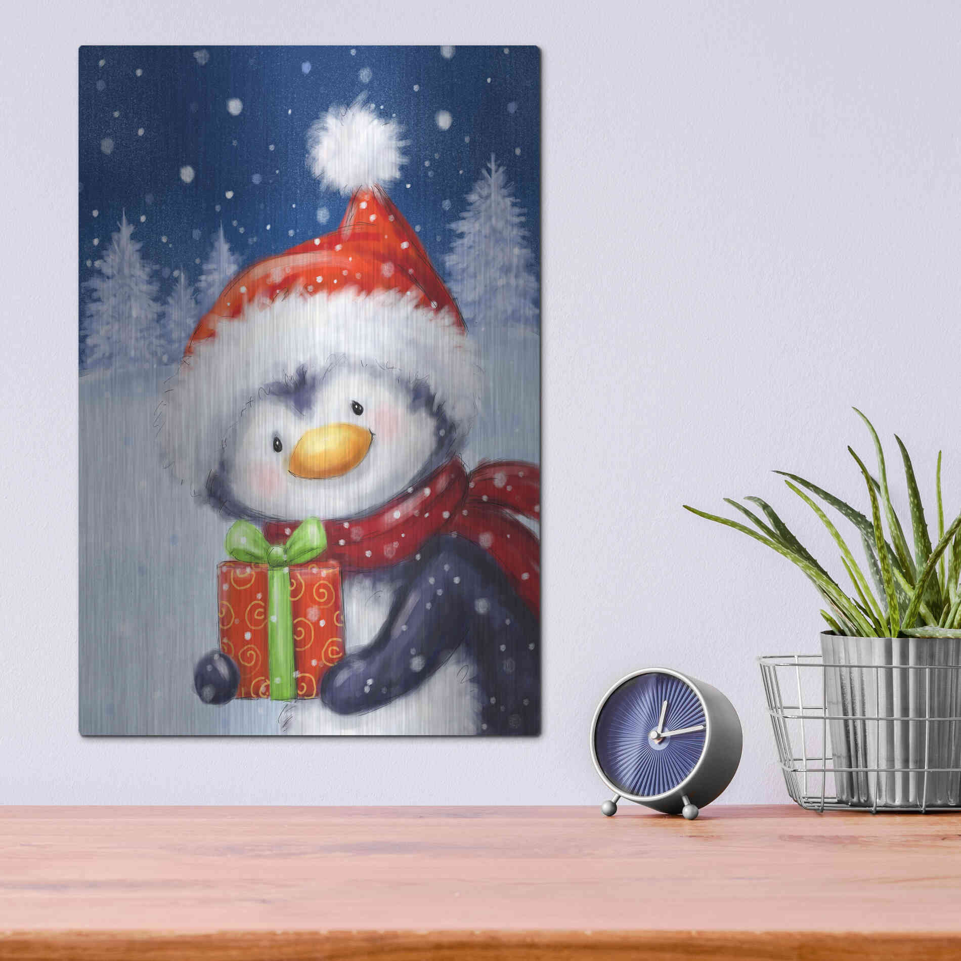 Luxe Metal Art 'Penguin With Present' by Makiko, Metal Wall Art,12x16