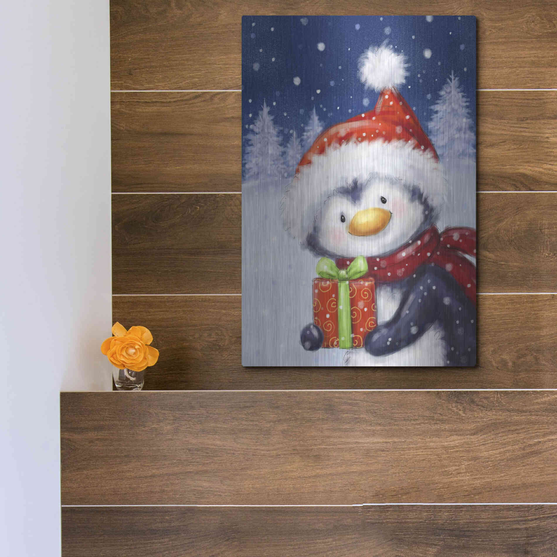 Luxe Metal Art 'Penguin With Present' by Makiko, Metal Wall Art,12x16