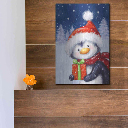 Luxe Metal Art 'Penguin With Present' by Makiko, Metal Wall Art,12x16