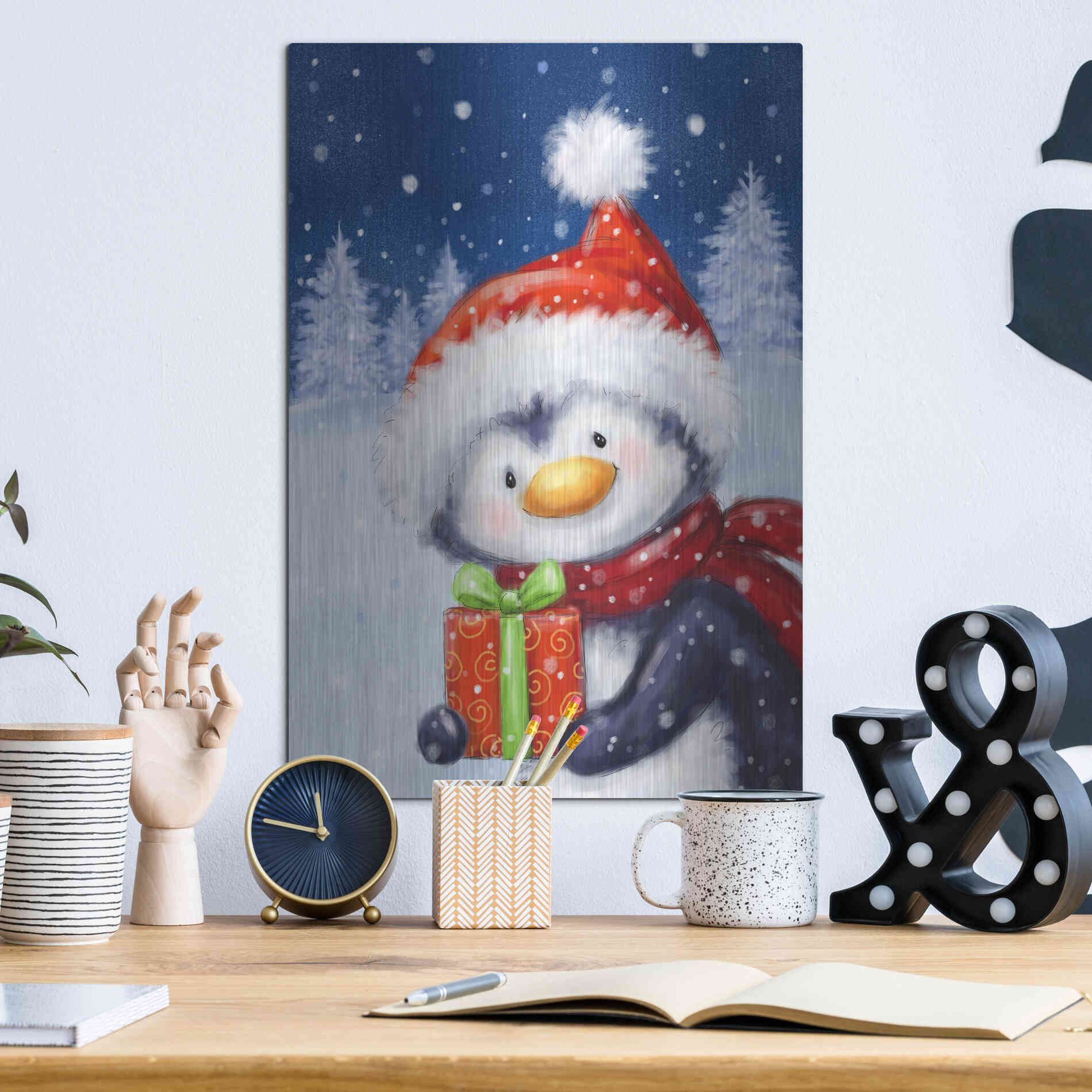 Luxe Metal Art 'Penguin With Present' by Makiko, Metal Wall Art,12x16
