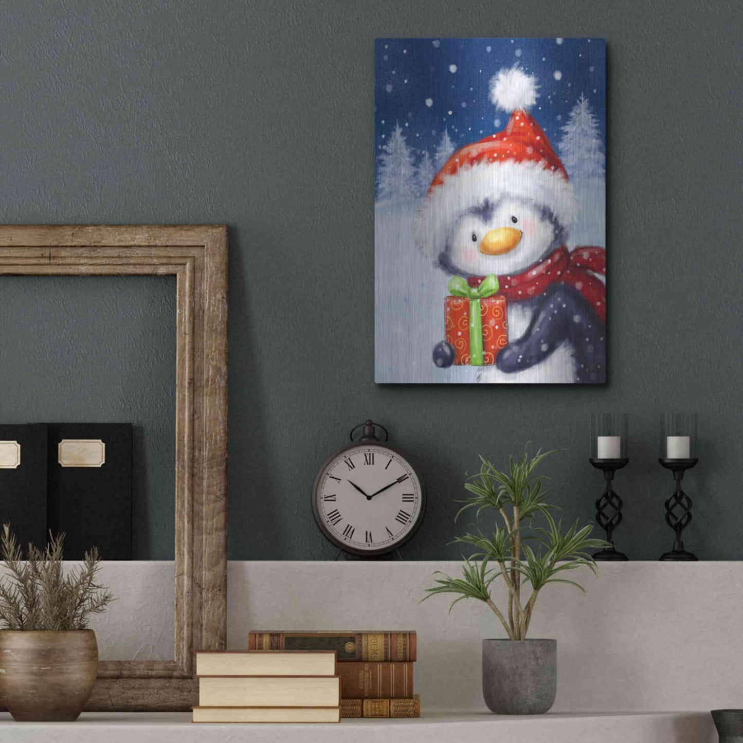 Luxe Metal Art 'Penguin With Present' by Makiko, Metal Wall Art,12x16