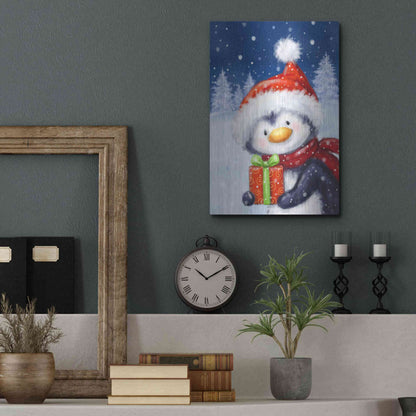 Luxe Metal Art 'Penguin With Present' by Makiko, Metal Wall Art,12x16