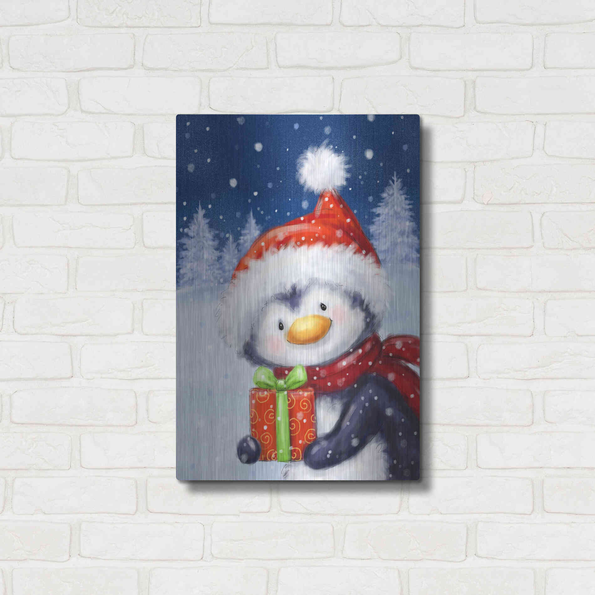 Luxe Metal Art 'Penguin With Present' by Makiko, Metal Wall Art,16x24