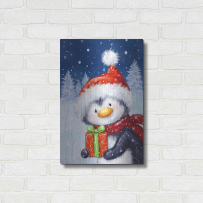 Luxe Metal Art 'Penguin With Present' by Makiko, Metal Wall Art,16x24