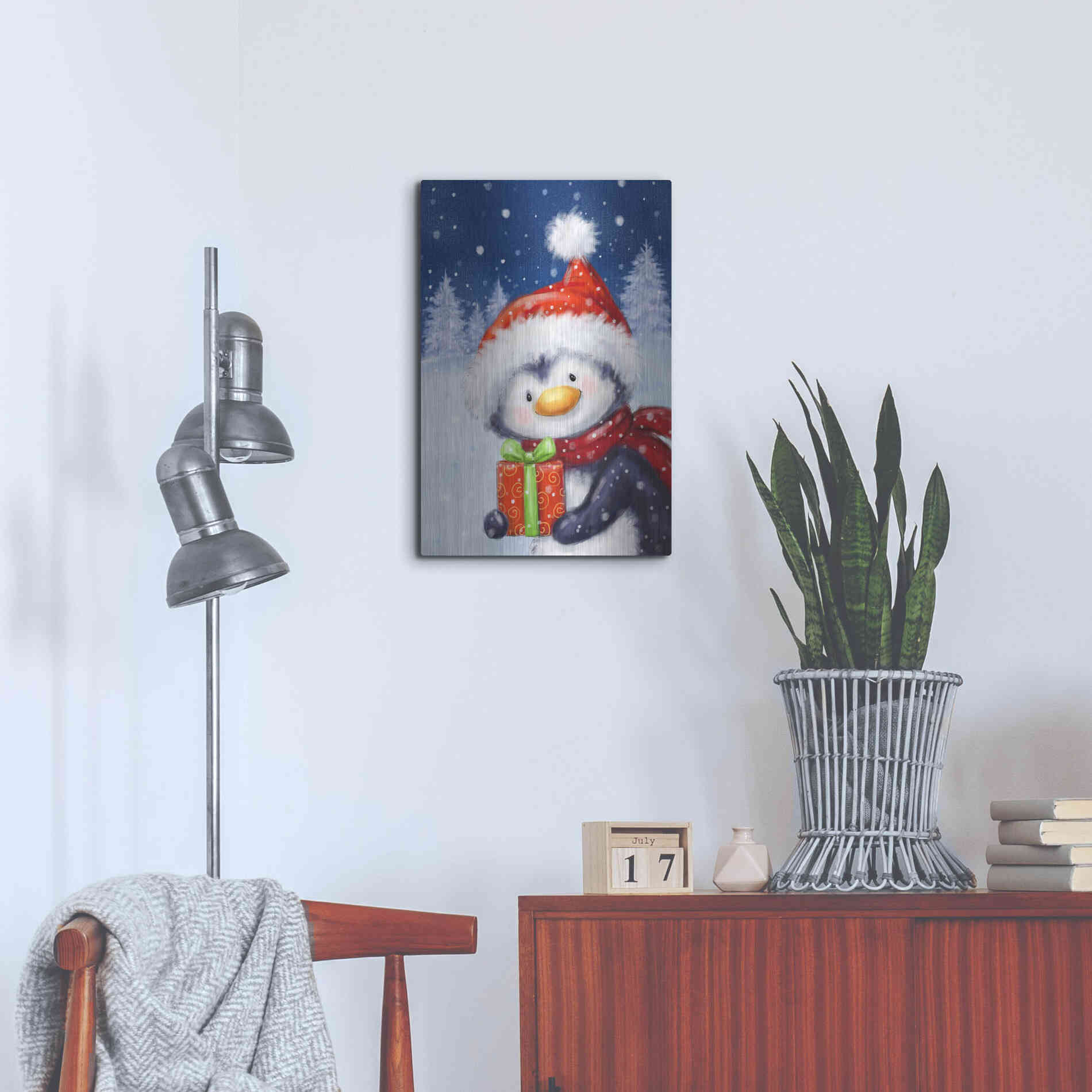 Luxe Metal Art 'Penguin With Present' by Makiko, Metal Wall Art,16x24