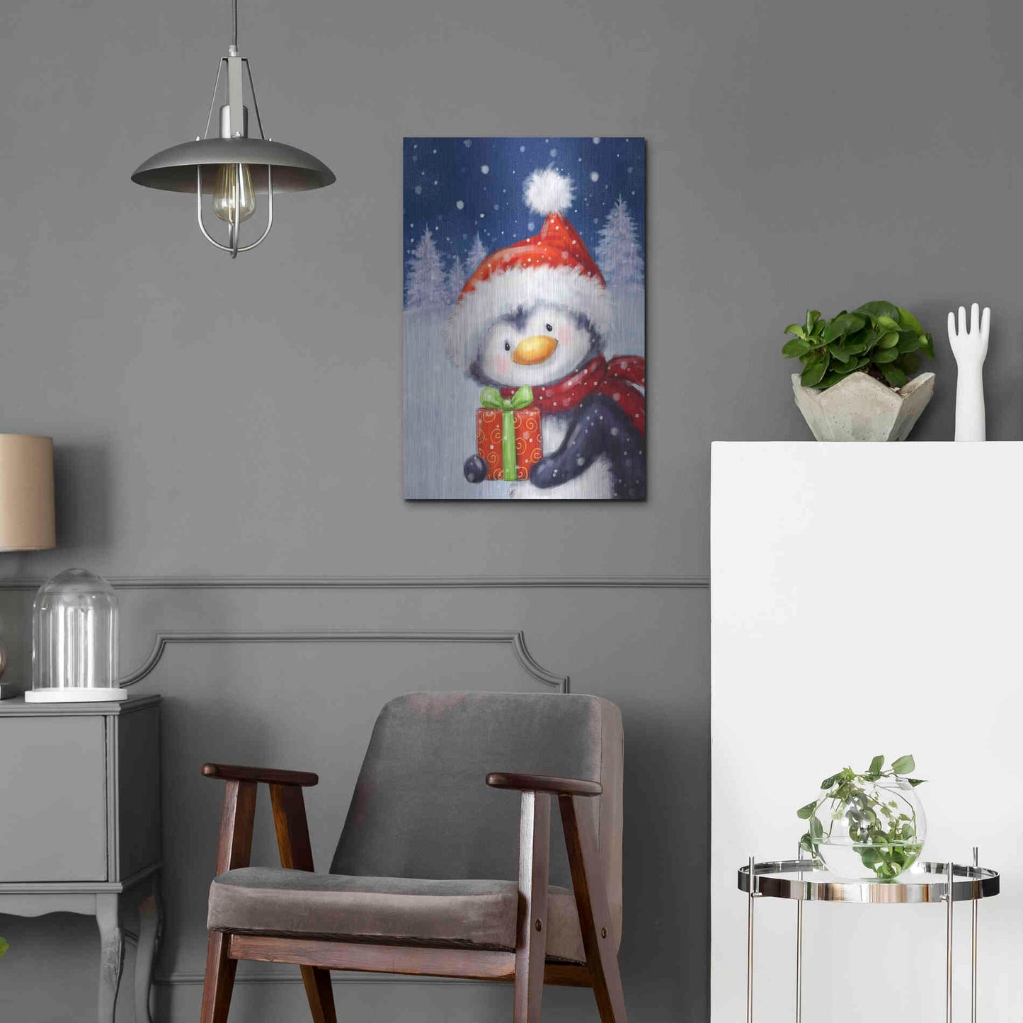 Luxe Metal Art 'Penguin With Present' by Makiko, Metal Wall Art,16x24