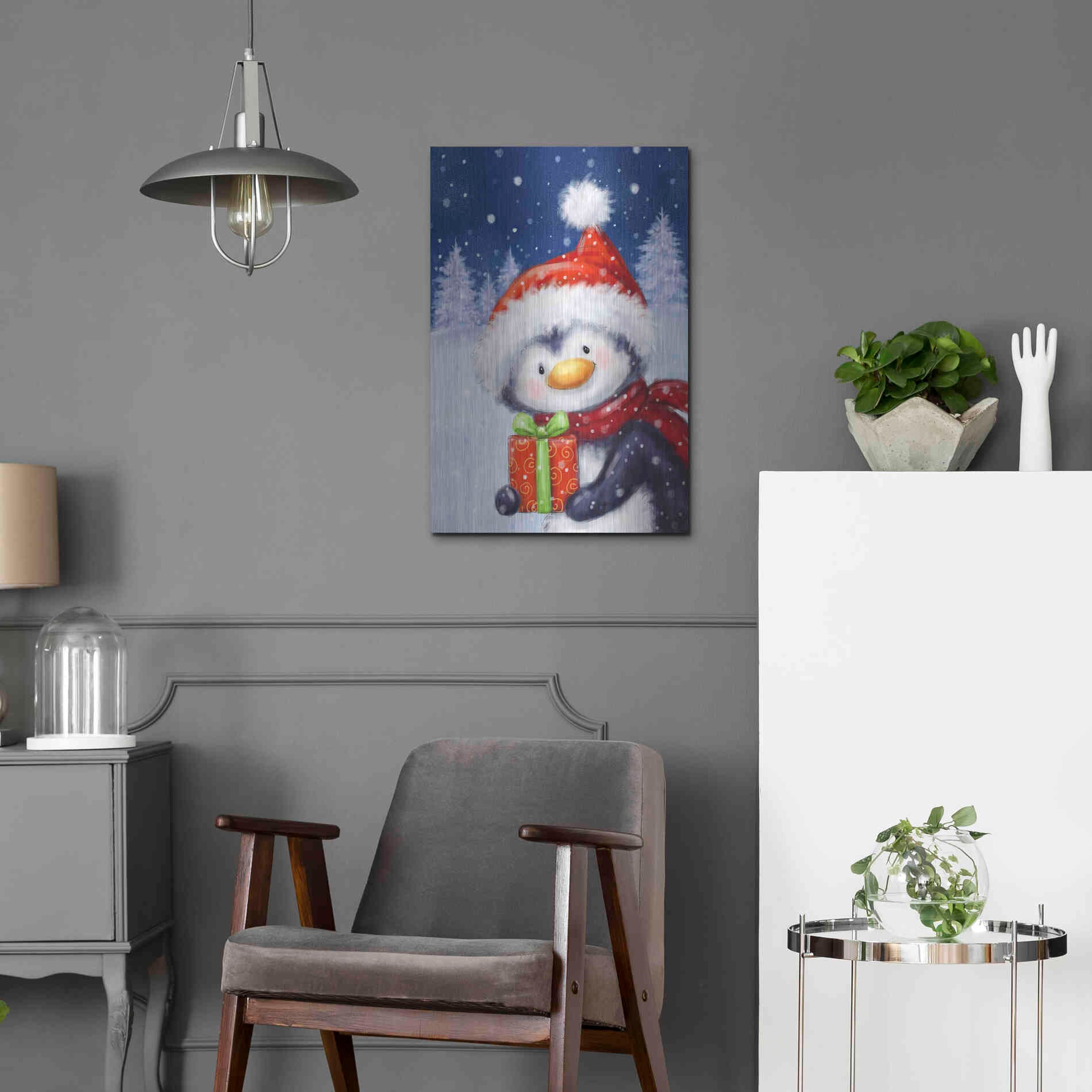 Luxe Metal Art 'Penguin With Present' by Makiko, Metal Wall Art,16x24