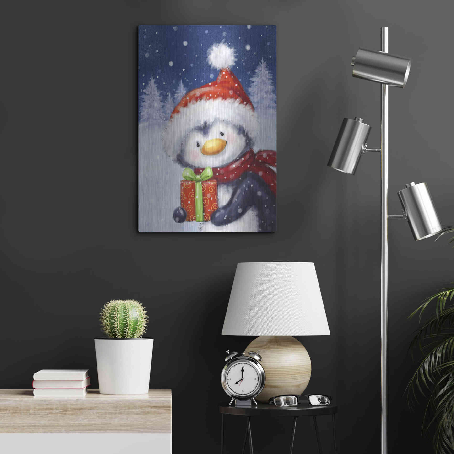 Luxe Metal Art 'Penguin With Present' by Makiko, Metal Wall Art,16x24