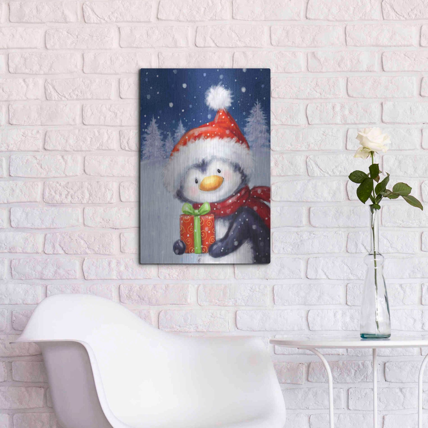 Luxe Metal Art 'Penguin With Present' by Makiko, Metal Wall Art,16x24