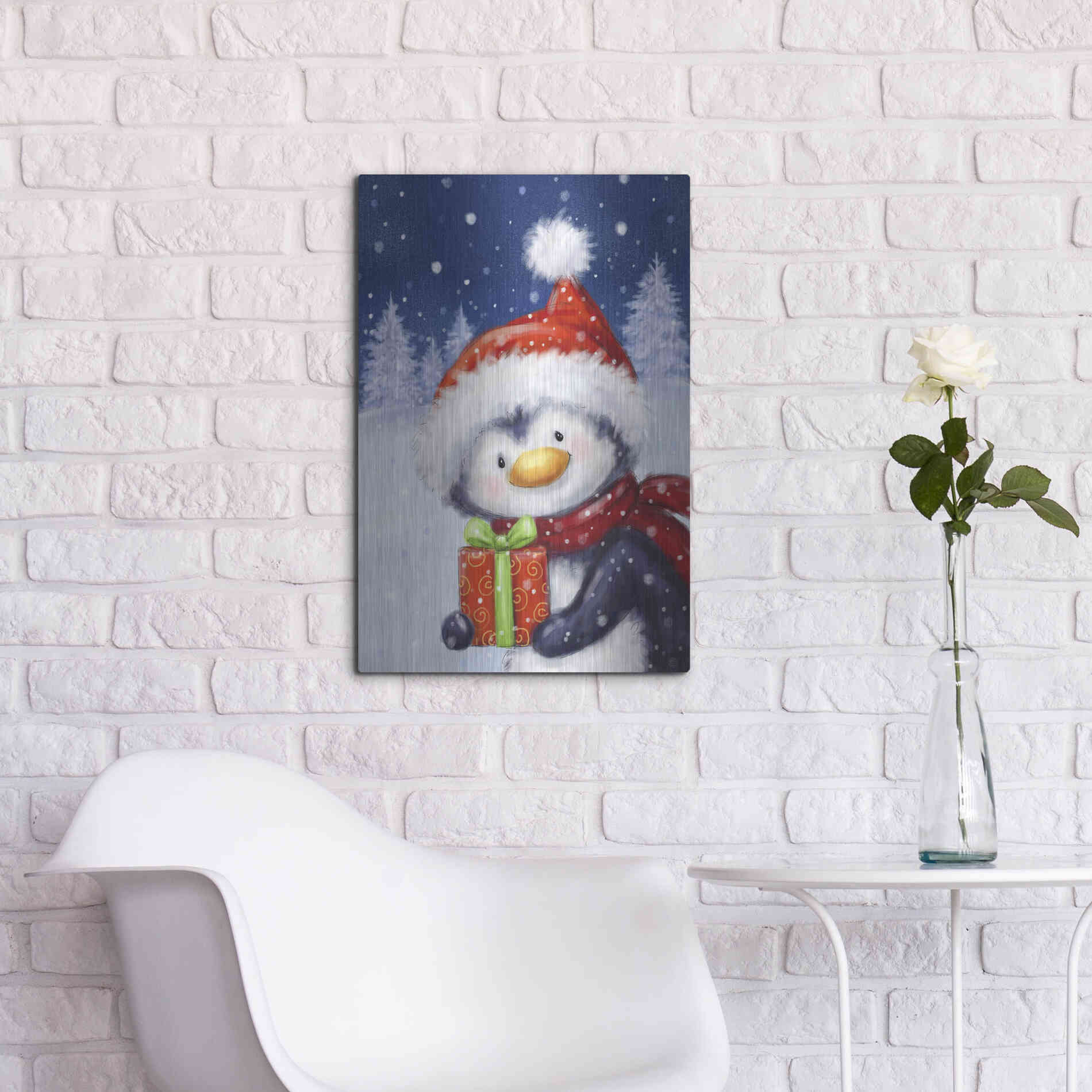 Luxe Metal Art 'Penguin With Present' by Makiko, Metal Wall Art,16x24