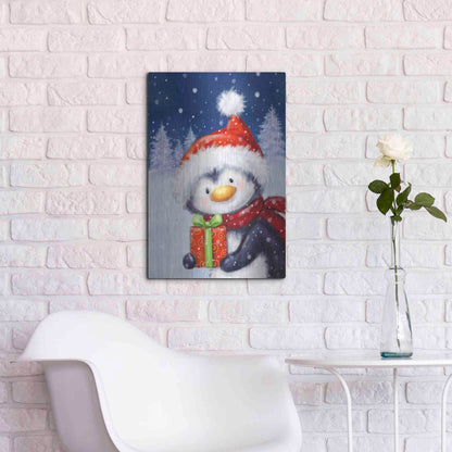 Luxe Metal Art 'Penguin With Present' by Makiko, Metal Wall Art,16x24