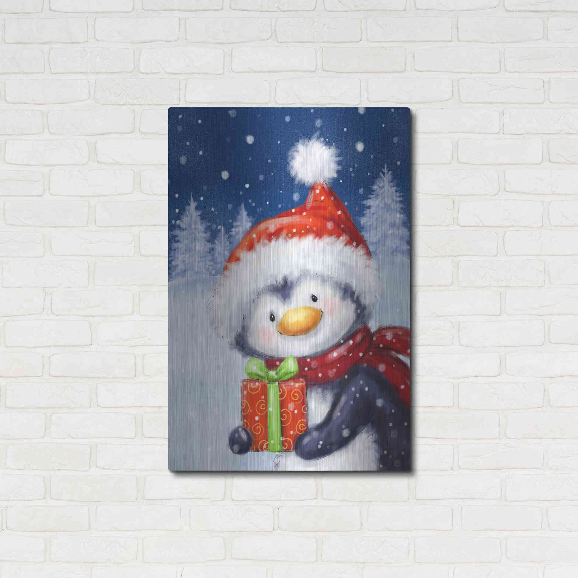 Luxe Metal Art 'Penguin With Present' by Makiko, Metal Wall Art,24x36