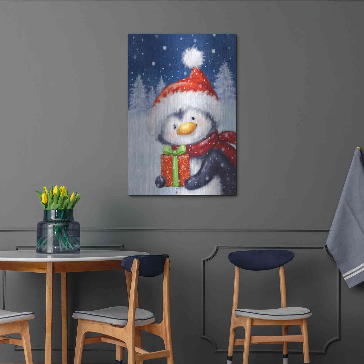 Luxe Metal Art 'Penguin With Present' by Makiko, Metal Wall Art,24x36