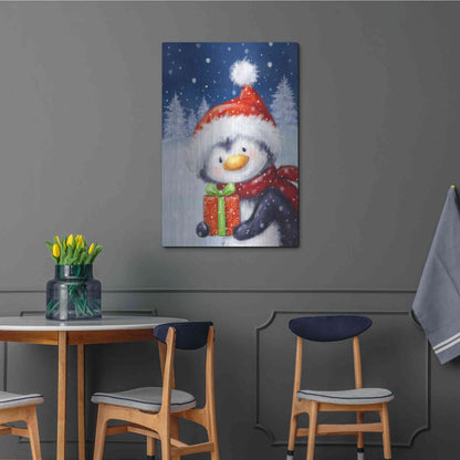Luxe Metal Art 'Penguin With Present' by Makiko, Metal Wall Art,24x36