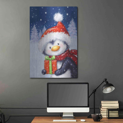 Luxe Metal Art 'Penguin With Present' by Makiko, Metal Wall Art,24x36