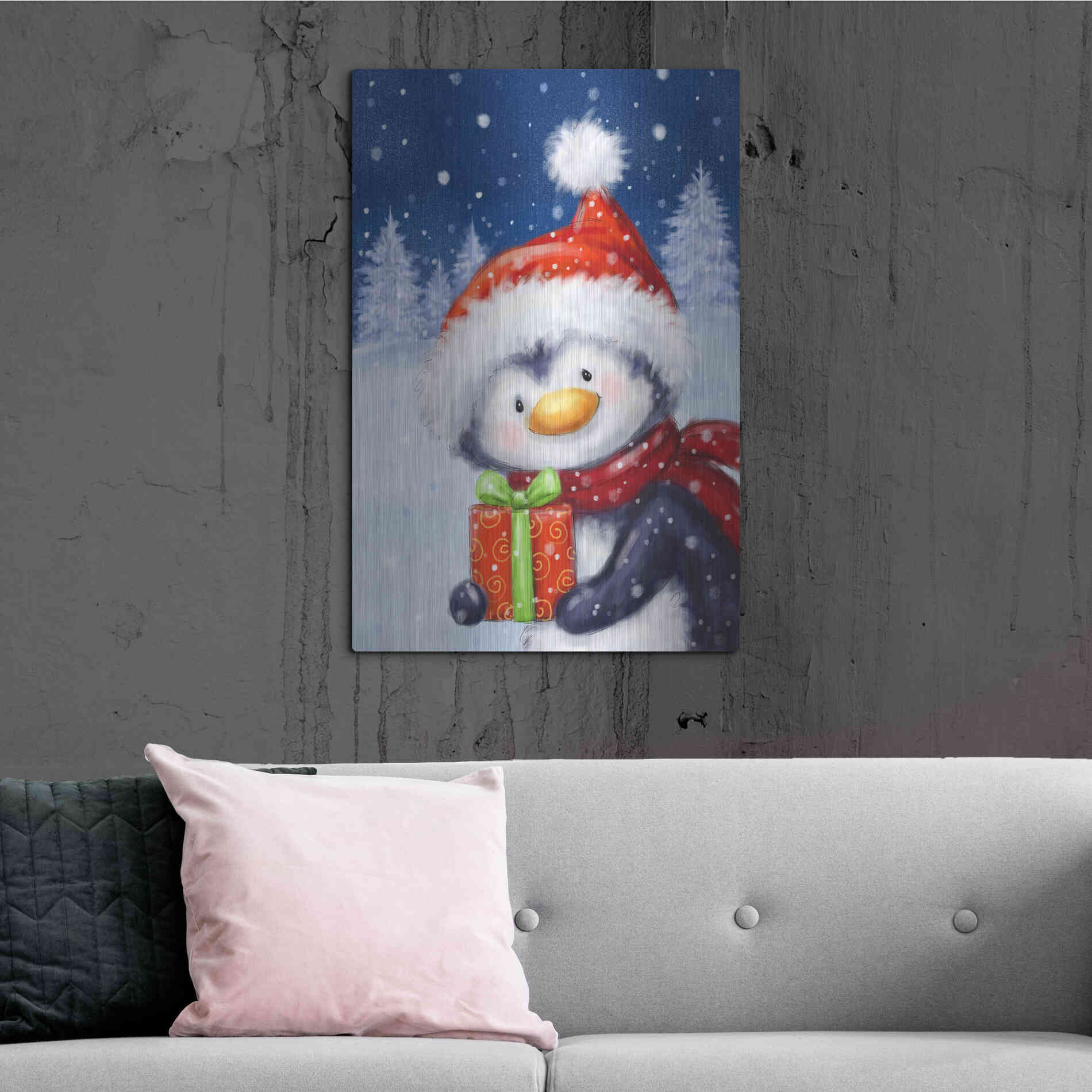 Luxe Metal Art 'Penguin With Present' by Makiko, Metal Wall Art,24x36