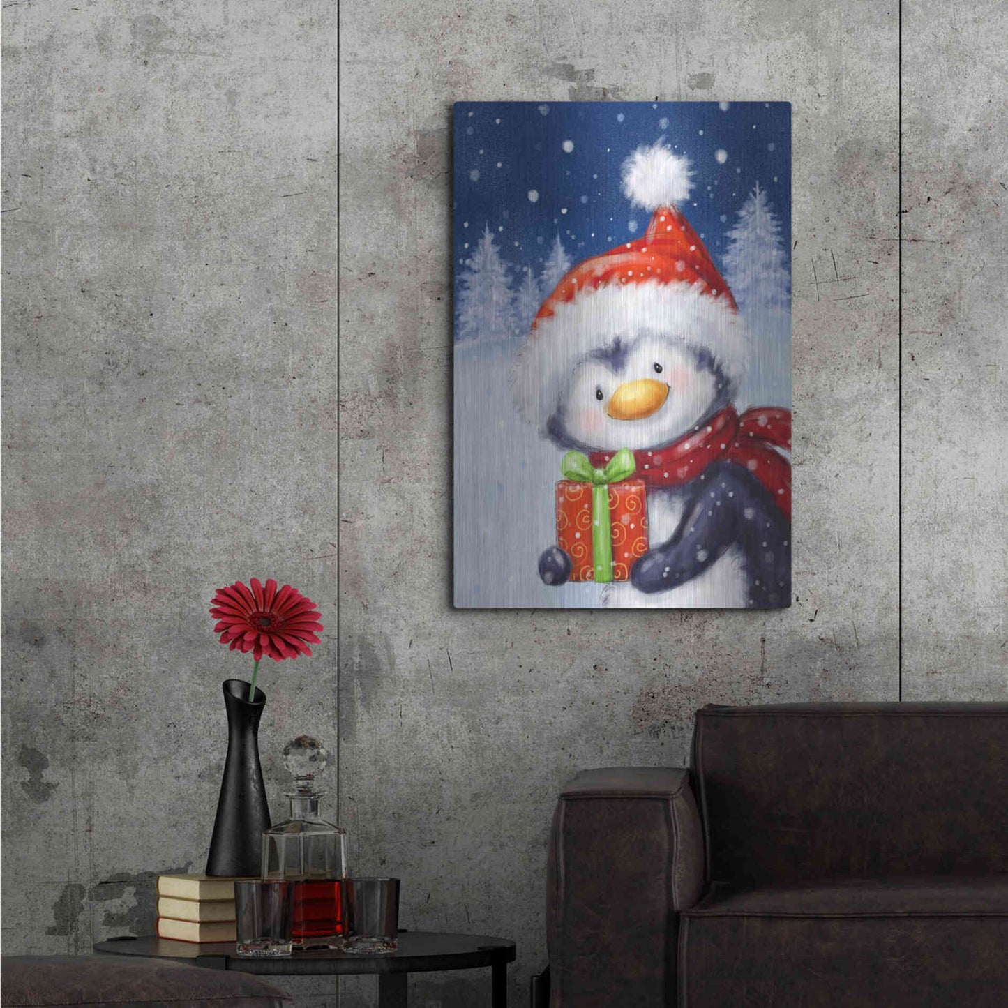 Luxe Metal Art 'Penguin With Present' by Makiko, Metal Wall Art,24x36