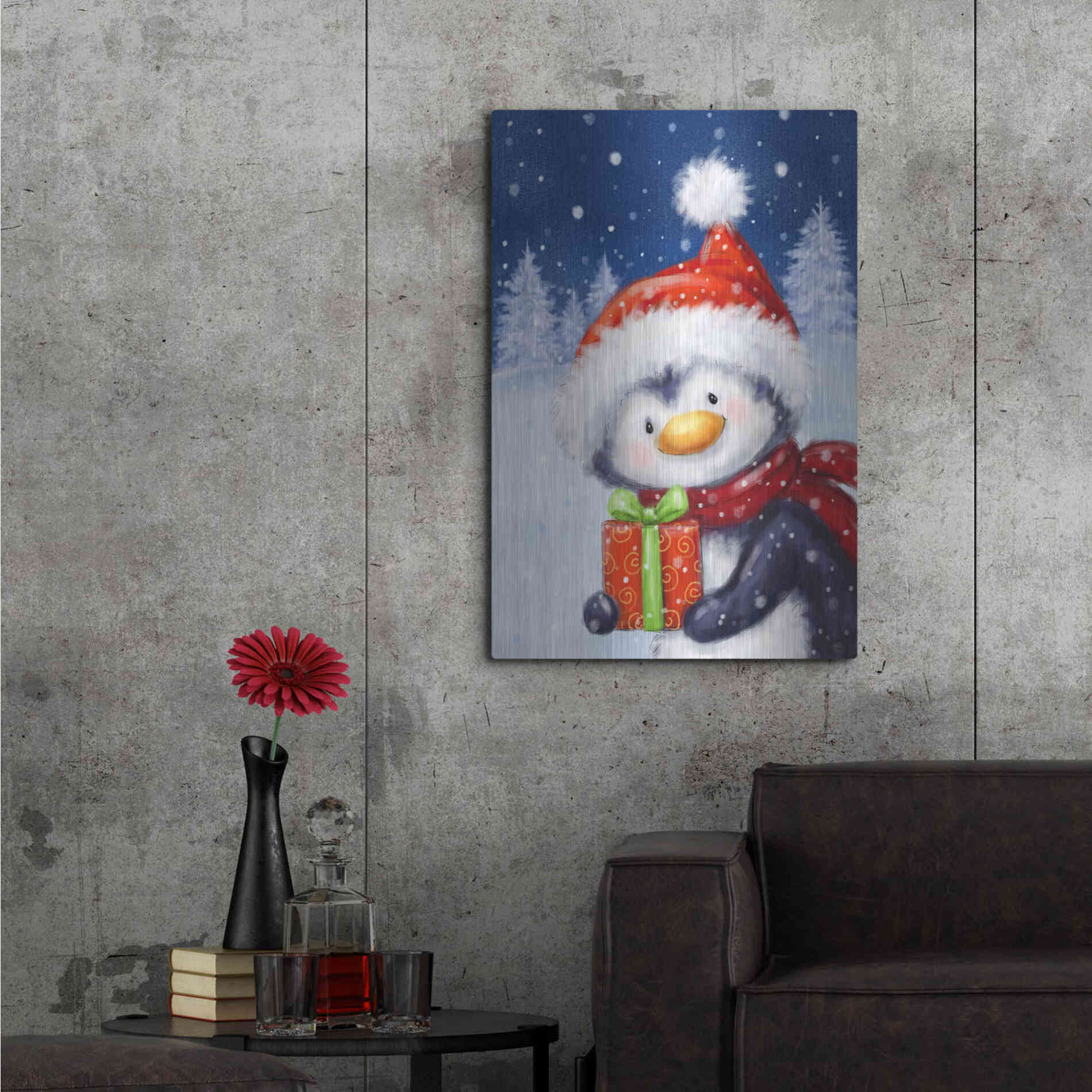 Luxe Metal Art 'Penguin With Present' by Makiko, Metal Wall Art,24x36