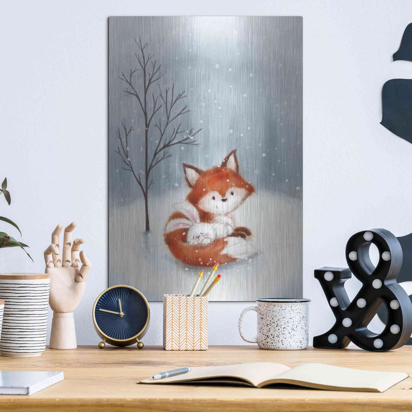 Luxe Metal Art 'Fox And Rabbit 1' by Makiko, Metal Wall Art,12x16