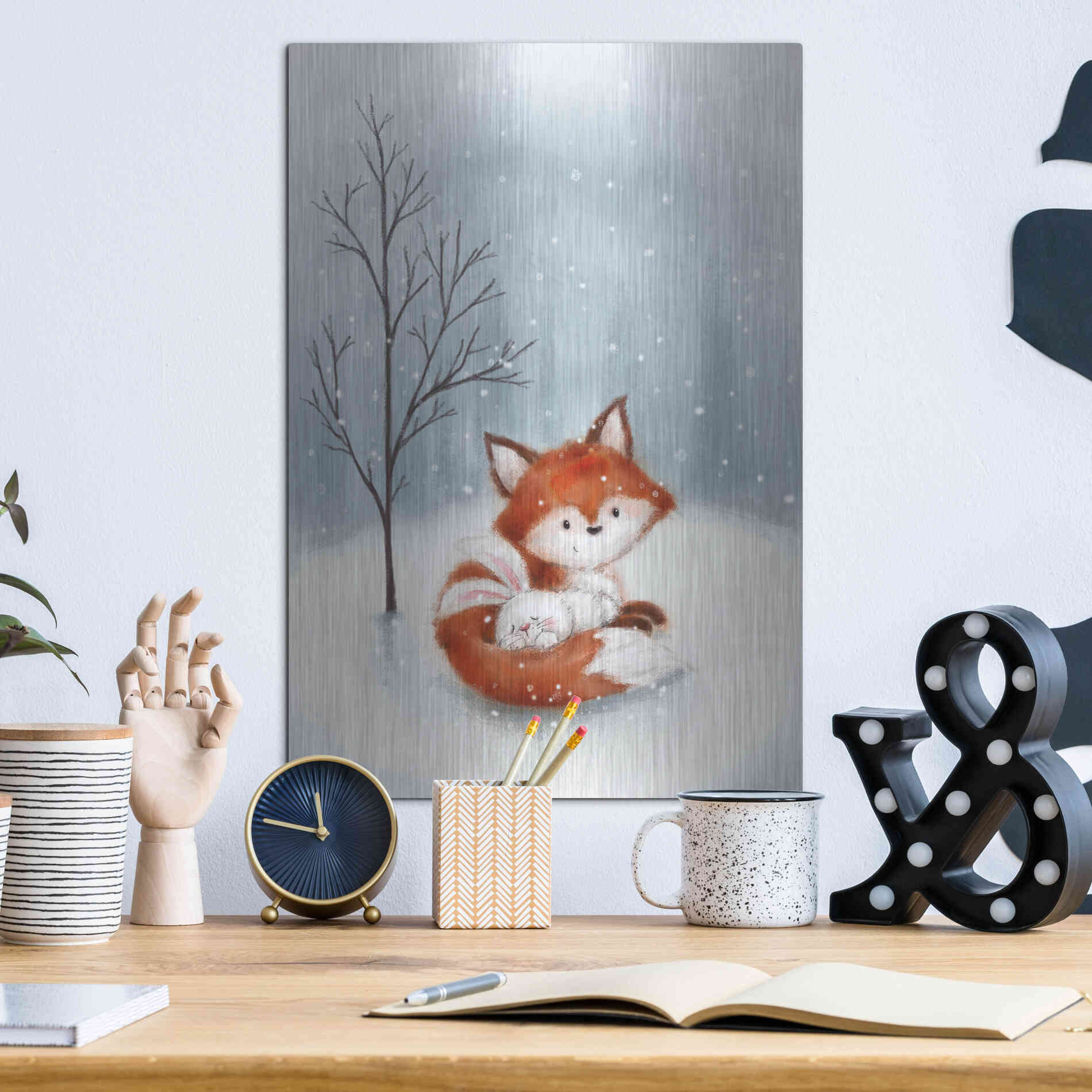Luxe Metal Art 'Fox And Rabbit 1' by Makiko, Metal Wall Art,12x16