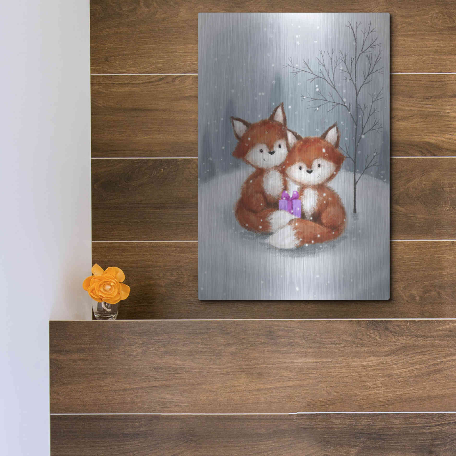 Luxe Metal Art 'Two Fox 1' by Makiko, Metal Wall Art,12x16