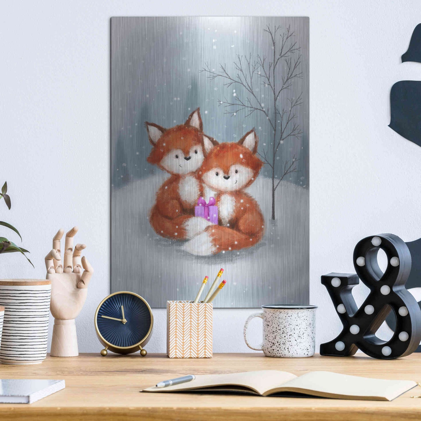 Luxe Metal Art 'Two Fox 1' by Makiko, Metal Wall Art,12x16