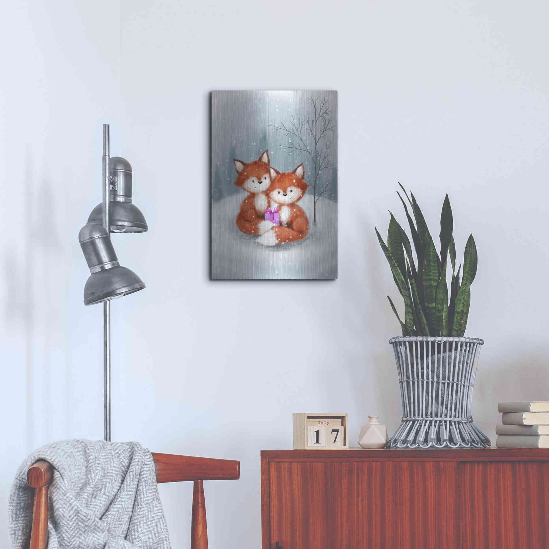 Luxe Metal Art 'Two Fox 1' by Makiko, Metal Wall Art,16x24