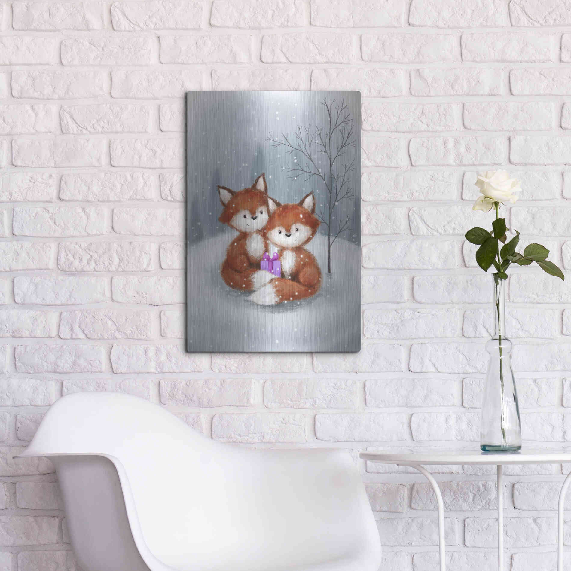 Luxe Metal Art 'Two Fox 1' by Makiko, Metal Wall Art,16x24
