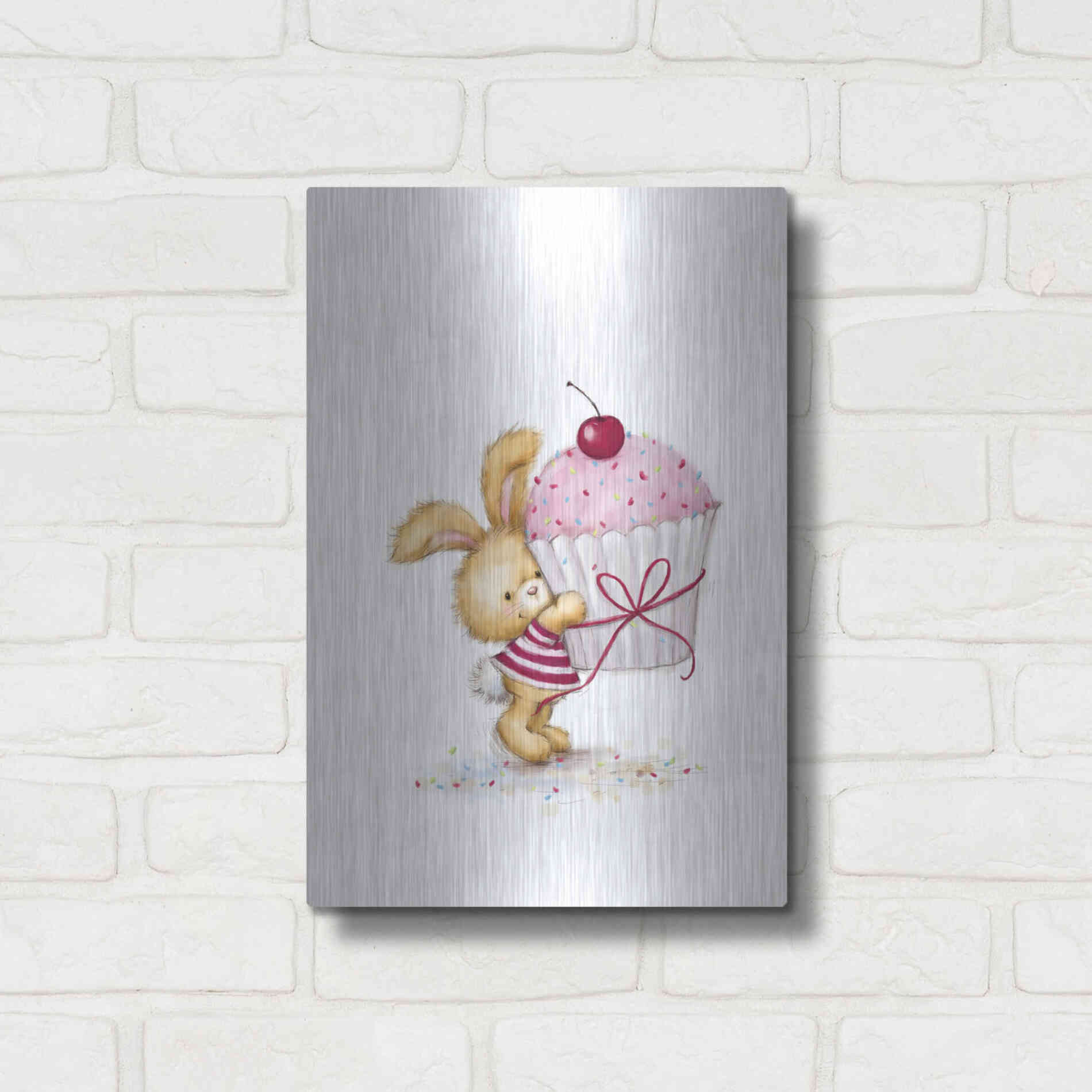 Luxe Metal Art 'Rabbit with Big Cake' by Makiko, Metal Wall Art,12x16