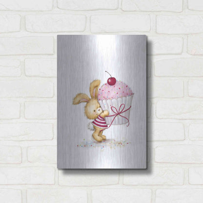 Luxe Metal Art 'Rabbit with Big Cake' by Makiko, Metal Wall Art,12x16