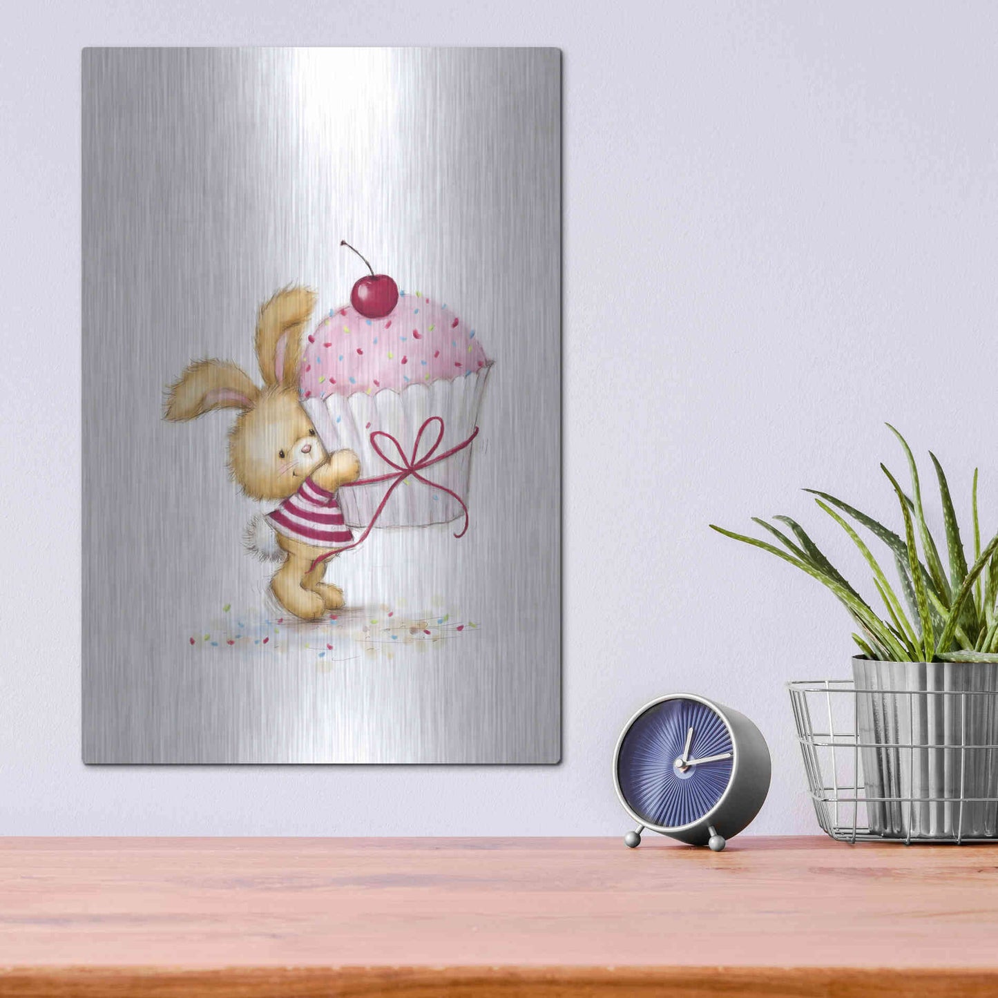Luxe Metal Art 'Rabbit with Big Cake' by Makiko, Metal Wall Art,12x16