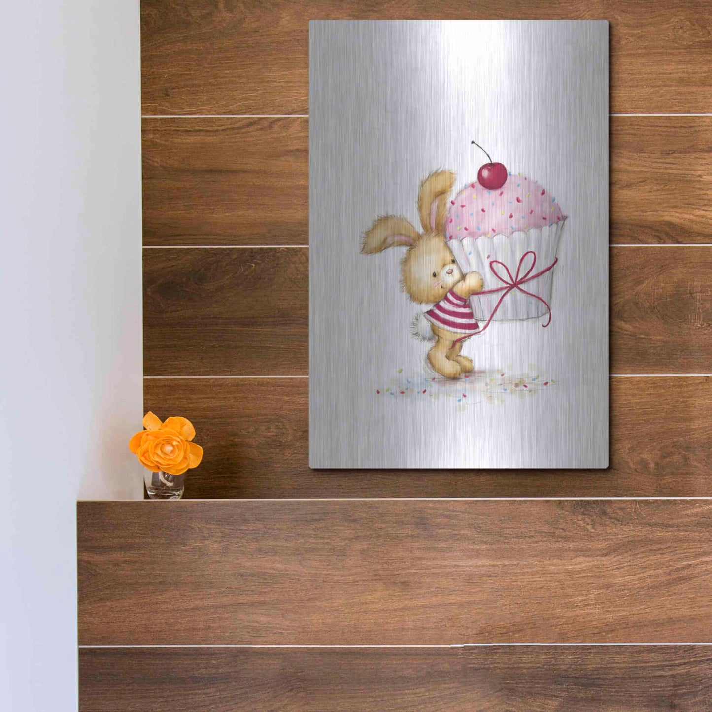 Luxe Metal Art 'Rabbit with Big Cake' by Makiko, Metal Wall Art,12x16
