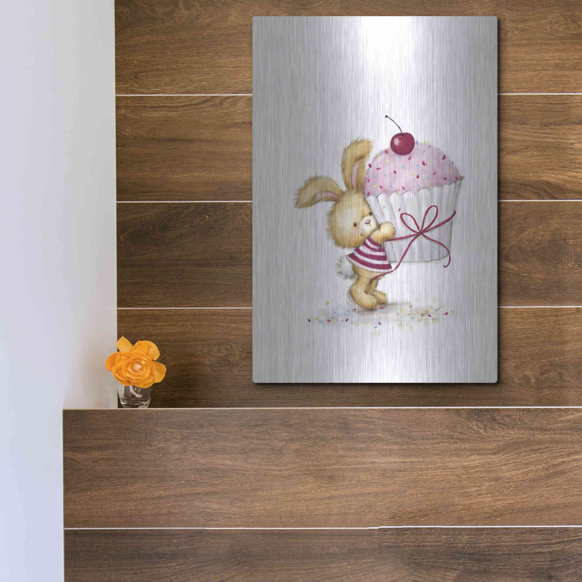 Luxe Metal Art 'Rabbit with Big Cake' by Makiko, Metal Wall Art,12x16