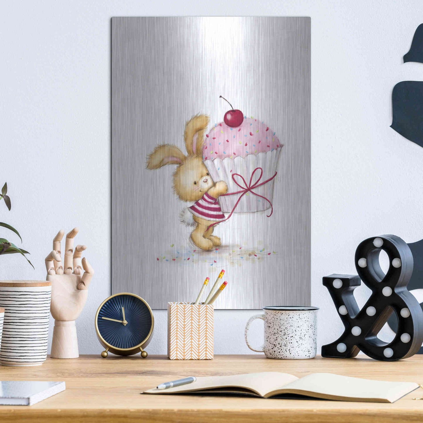 Luxe Metal Art 'Rabbit with Big Cake' by Makiko, Metal Wall Art,12x16