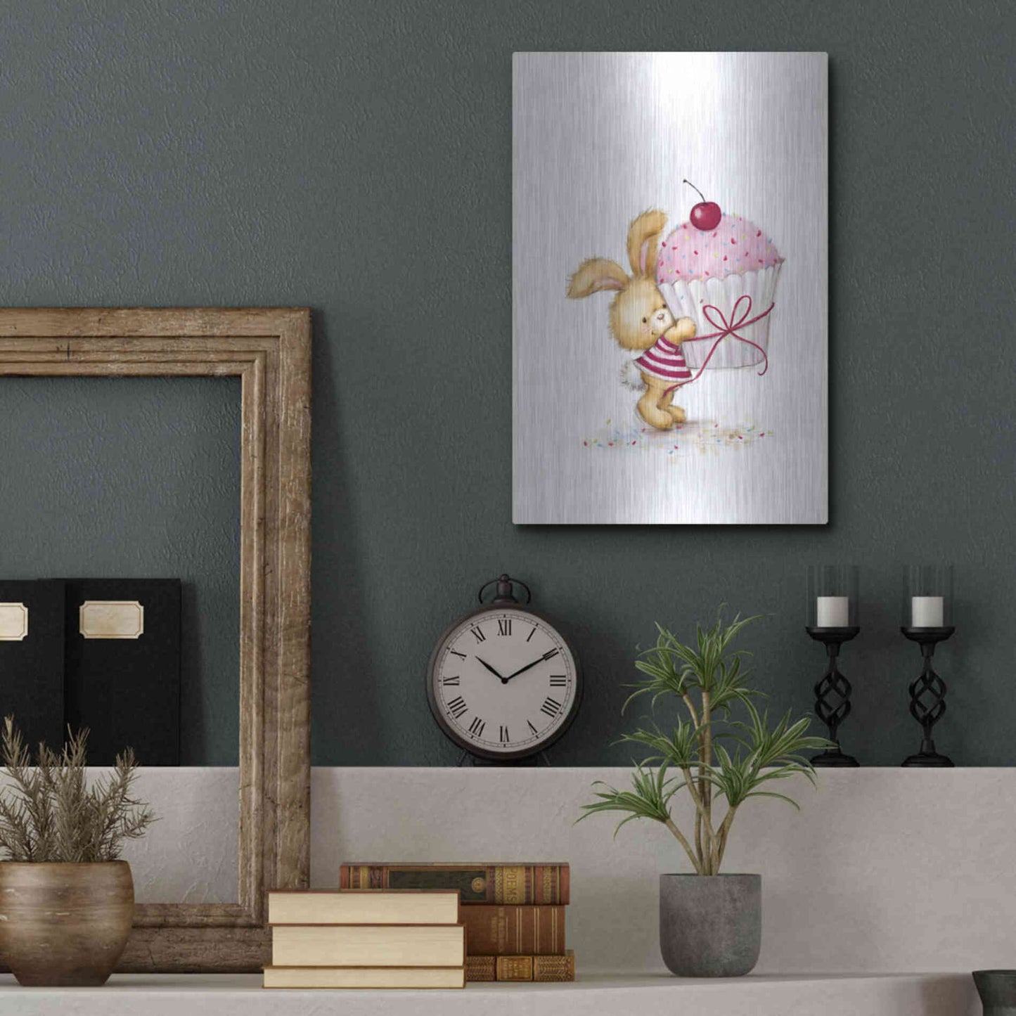 Luxe Metal Art 'Rabbit with Big Cake' by Makiko, Metal Wall Art,12x16