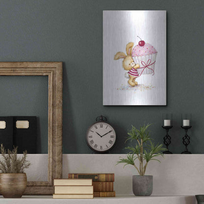 Luxe Metal Art 'Rabbit with Big Cake' by Makiko, Metal Wall Art,12x16