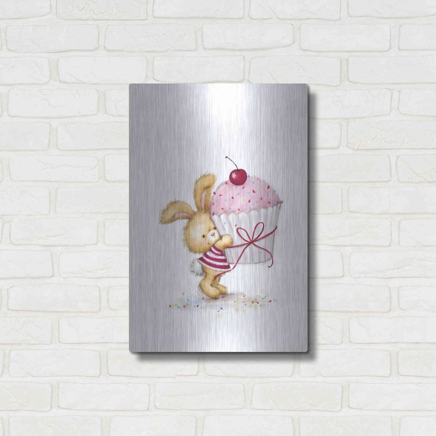 Luxe Metal Art 'Rabbit with Big Cake' by Makiko, Metal Wall Art,16x24
